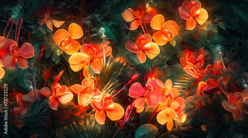Orange Lush Botanical Flowers and Leaves Background with Neon Luminescent Glow - Muted and Grainy Overlay Effect