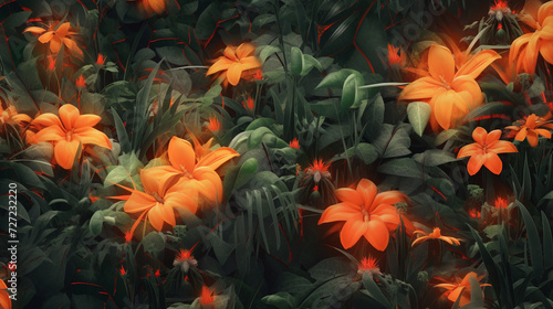 Orange Lush Botanical Flowers and Leaves Background with Neon Luminescent Glow - Muted and Grainy Overlay Effect