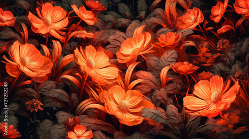Orange Lush Botanical Flowers and Leaves Background with Neon Luminescent Glow - Muted and Grainy Overlay Effect