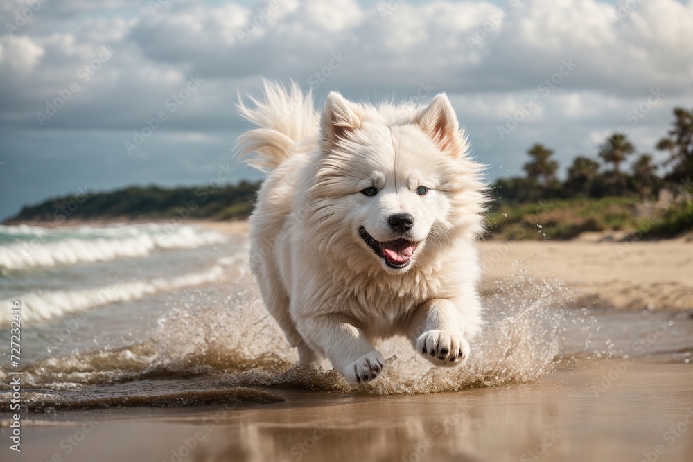 samoyed puppy running very fast on beach samoyed puppy running very fast on beach