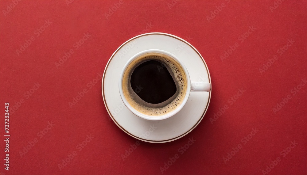 top view of white cup with fresh coffee on saucer on red background panoramic shot