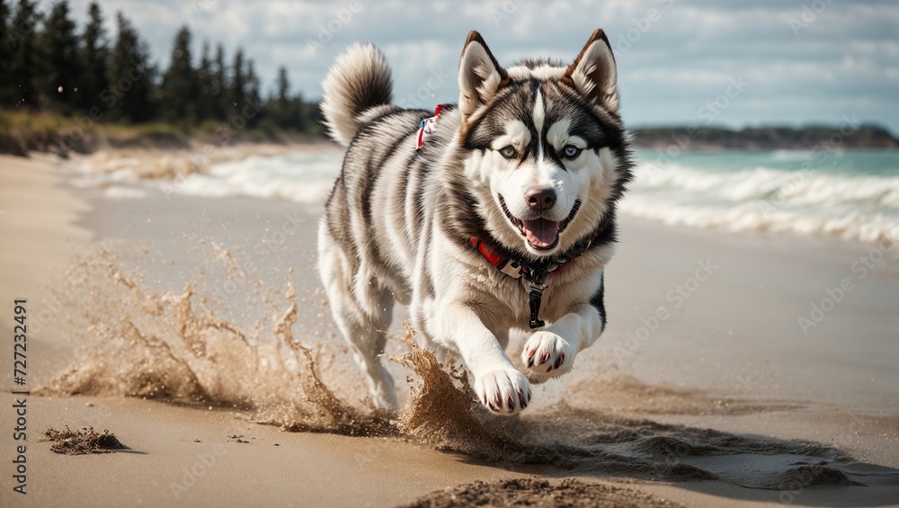 SIBERIAN HUSKY running very fast on beach SIBERIAN HUSKY running very fast on beach