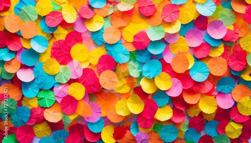 brightly colored paper confetti background featuring red yellow blue green orange and bright pink carnival colors