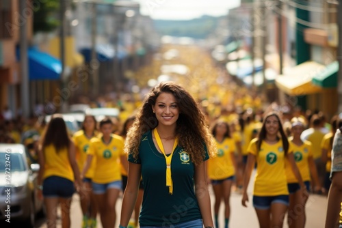 Confident woman leading a crowd of fans in Brazilian colors