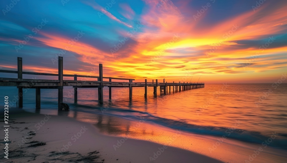 Sunset at the Pier, Glowing Sky Over Ocean, Serene Beach Scenery, Calm Waters Under Sunset.