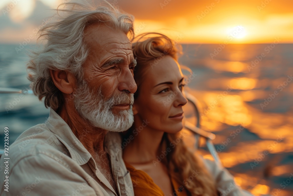 Amidst the tranquil waters, a man and woman share a smile on their boat, their love and wrinkles telling the story of a lifetime spent together Amidst the tranquil waters, a man and woman share a smile on their boat, their love and wrinkles telling the story of a lifetime spent together