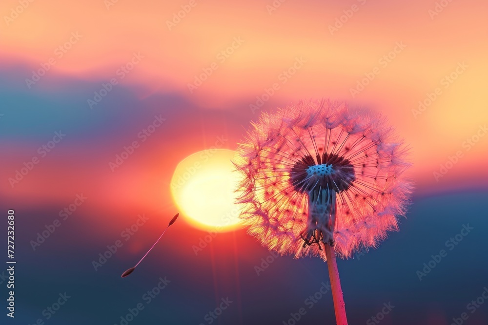 Sunset with a Dandelion, Pink Sun and Dandelion, Dandelion in the Sunlight, A Dandelion's Reflection on the Sun.