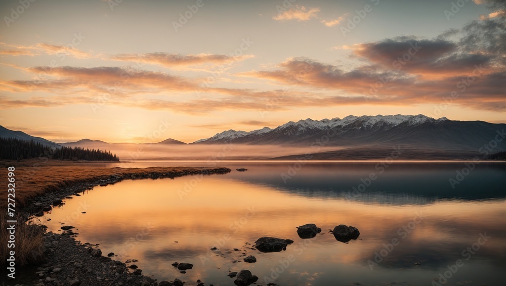 Fototapeta premium Sunset at a calm mountain lake