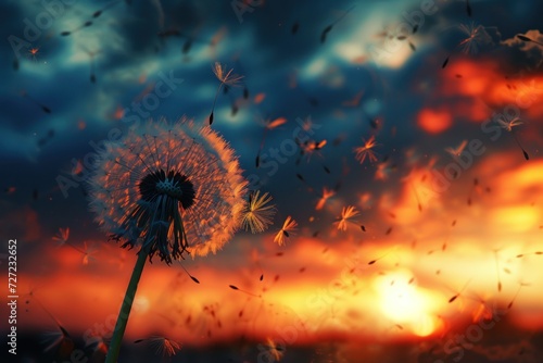Sunset Dandelions, Floating Seeds in the Sky, Dandelion Dreamscape, Windy Sunset with Dandelions.