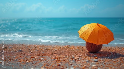 A Sunny Day at the Beach, Relaxing under a Yellow Umbrella, Beach Vacation with a Coconut Shell, Enjoying the Ocean Breeze on Sandy Shores. photo