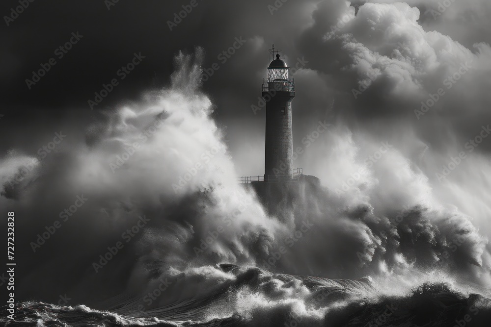 The Lighthouse Amidst the Stormy Seas, A Beacon of Light in the Darkness, Surviving the Fury of Nature, The Enduring Strength of a Lighthouse.