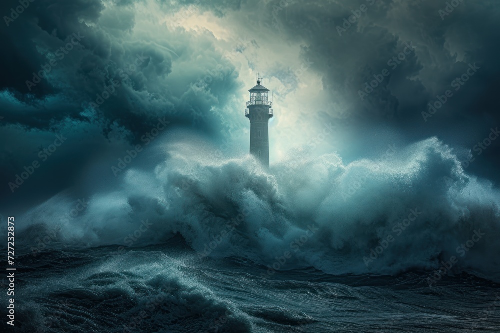 Lighthouse in the Stormy Seas, The Power of Nature: Rough Waters and a Lighthouse, A Beacon Amidst the Chaos: The Lighthouse in the Ocean, Surviving the Elements: A Lighthouse in Turbulent Waves.