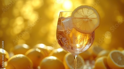 Sunlit Citrus, Golden Glass of Wine, Fresh Lemon Slices, Beverage with a Twist.