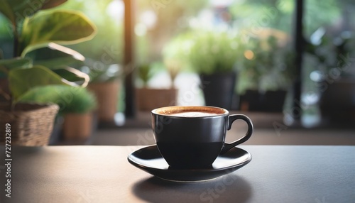 a black cup of hot coffee on table in cafe