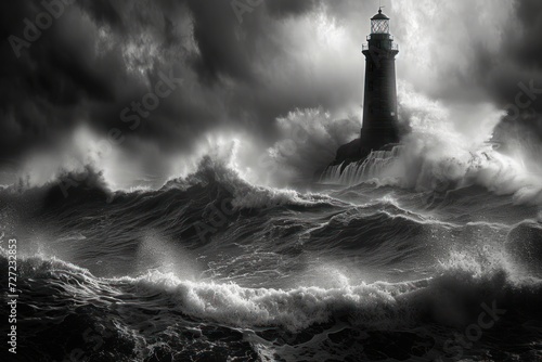 Raging Seas, Lighthouse Amidst the Storm, The Power of Nature, Towering Over Turbulent Waters.