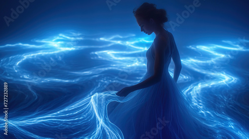Girl in a fairytale luminous blue dress.