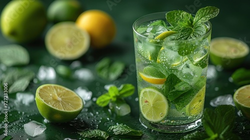 Fresh Mint Lemonade  Minty Citrus Drink with Fruit Garnish  Lemon and Lime Spritzer  Cool and Refreshing Minted Beverage.