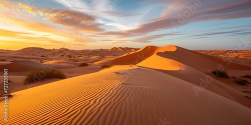 Stunning desert dunes at sunset, golden hour beauty captured in nature. vast landscape, serene scene. AI