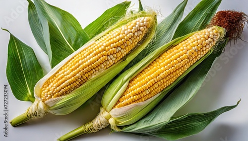 2 fresh corn ears with leaves on white background