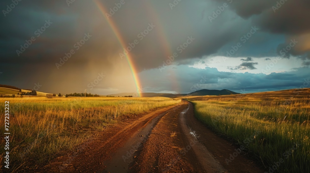 Dirt Road With a Rainbow in the Background, Spring Dirt Road With a Rainbow in the Background, Spring