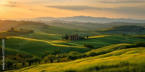 Serenity at sunset: picturesque rolling hills under a warm glowing sky. idyllic countryside scenery perfect for wall art and calendars. tranquil landscape photo. AI