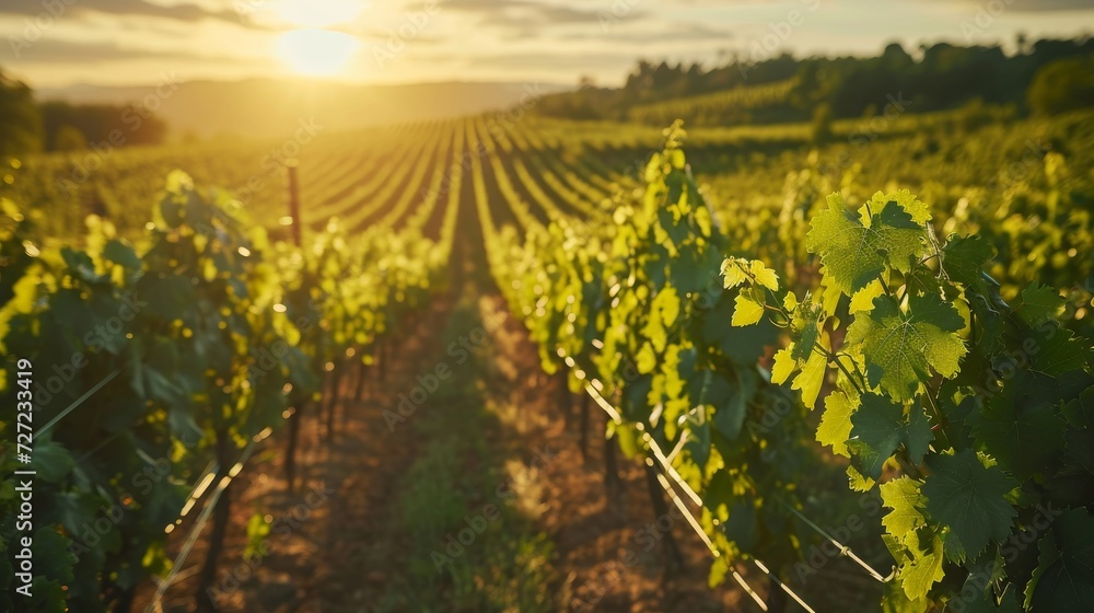 Fototapeta premium Sunlight Filters Through the Vines in a Lush Vineyard, Summer Day