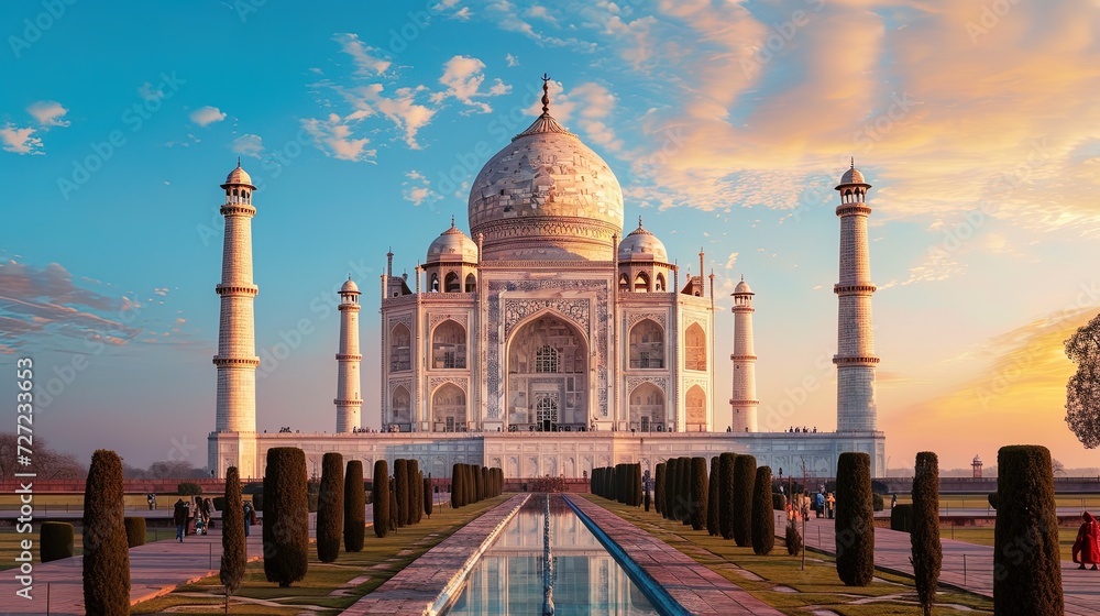 Naklejka premium The Taj Mahal at sunrise in Agra, Uttar Pradesh, India. AI generative