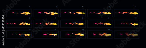 Fire explosion effect during the shot with the gun. Fire burst animation. Cartoon style  fire animation sprites sheet.– Vector