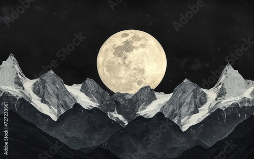 Moonlit Mountains, Nighttime Mountain Range, Lunar Illumination on Snowy Peaks, A Full Moon Over a Mountain Range. © Jevjenijs