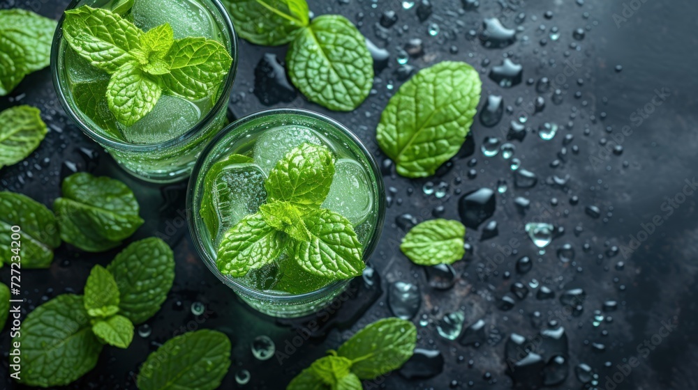 Minty Mojitos, Freshly Squeezed Lemonade with Mint Leaves, Cool and Refreshing Mint-Infused Drinks, A Glass of Iced Tea with a Touch of Mint. Minty Mojitos, Freshly Squeezed Lemonade with Mint Leaves, Cool and Refreshing Mint-Infused Drinks, A Glass of Iced Tea with a Touch of Mint.