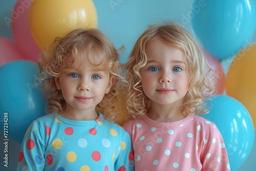Two young girls wearing matching polka dot shirts happily play with balloons at an indoor party, their faces full of joy and their outfits reflecting their youthful and playful personalities