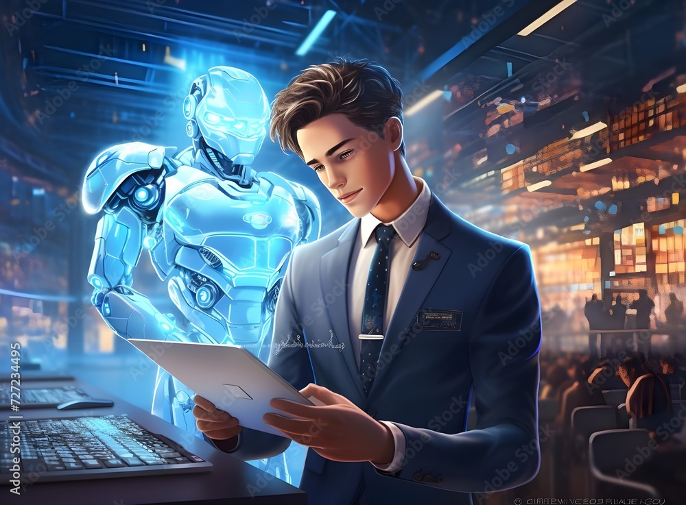 Human and artificial intelligence humanoid in office Human and artificial intelligence humanoid in office