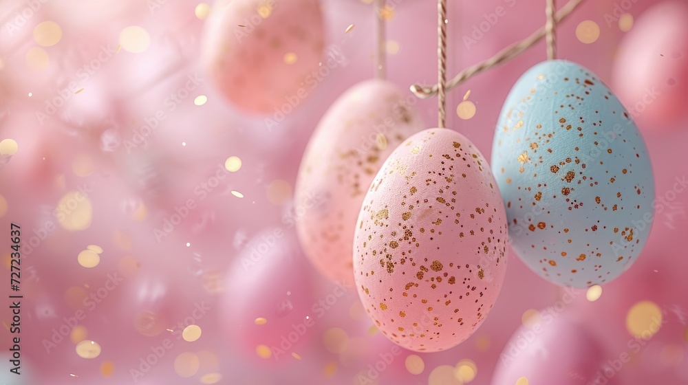 Bunch of pastel coloured easter eggs hanging from a string on a pink background with gold speckles Bunch of pastel coloured easter eggs hanging from a string on a pink background with gold speckles