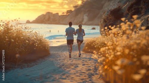 Sunset Run Along the Coastal Path, couple jogs down a serene coastal path, illuminated by the soft golden light of the setting sun, surrounded by wildflowers