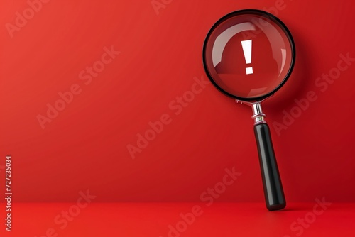 Exclamation icon highlighted by magnifying glass on red background with space for text or logo.