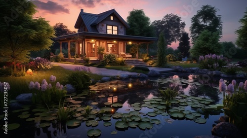 Lonely illuminated villa in nature by a pond at dusk © Wolfilser