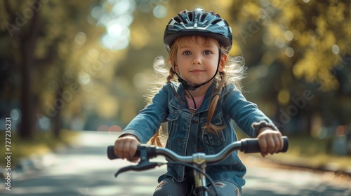 Cute child riding a bicycle and wearing safety helmet in amazing city park, Cute little girl having fun by riding bicycle. Cute kid in safety helmet biking outdoors.