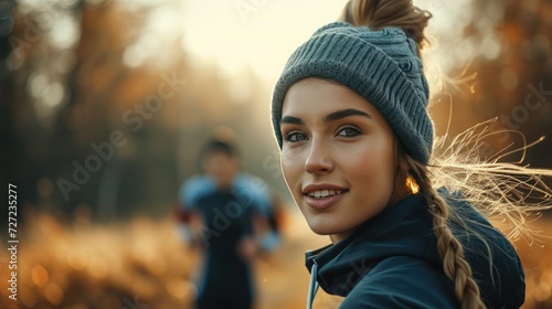 Autumn Runner Smiling in Golden Light, young woman in winter attire smiles brightly, caught in a moment of joy during an autumn run, with soft sunlight highlighting her features