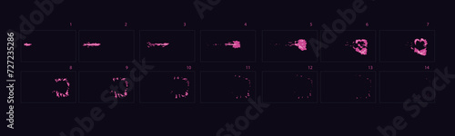 Fire explosion animation during the shot with the machine. Fire burst animation. Purple cartoon style sprites sheet of fire animation .– Vector