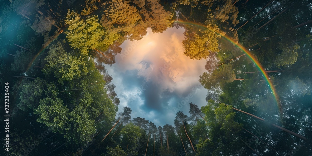 Mystical forest view through symmetrical cloud gap. nature's wonderland with rainbow and trees. enchanting landscape captured from above. AI Mystical forest view through symmetrical cloud gap. nature's wonderland with rainbow and trees. enchanting landscape captured from above. AI