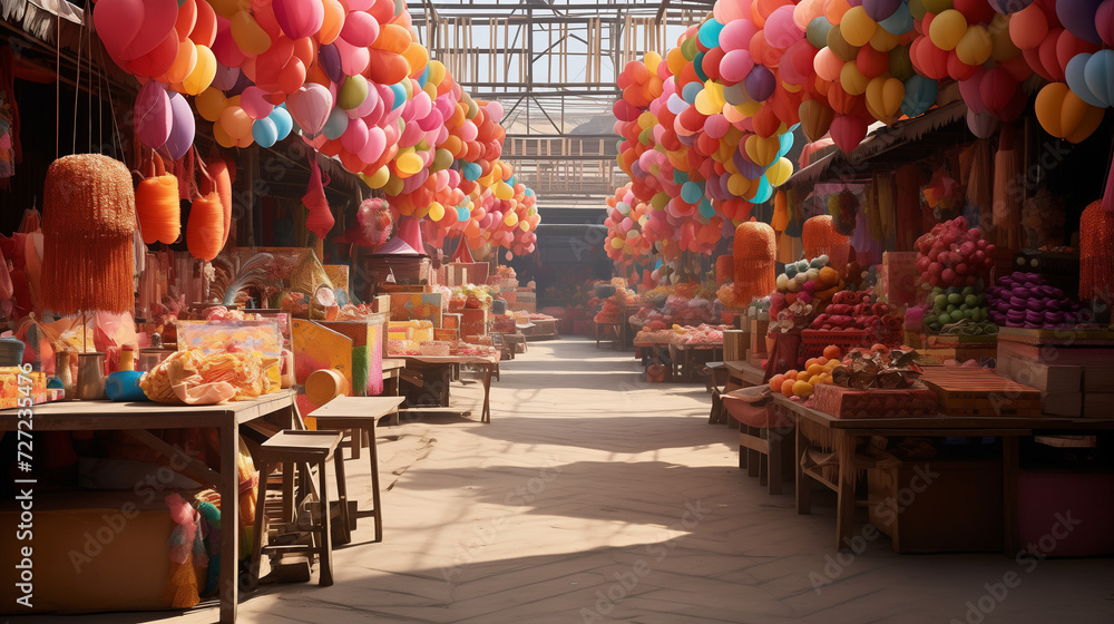 a Chinese market full of colorful balloons and objects on occasion Chinese new year 
