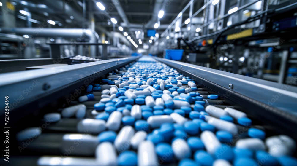 Capsules of blue flowers move along the conveyor of a modern pharmaceutical plant. Tablet production process. Medicine, technology concept. Capsules of blue flowers move along the conveyor of a modern pharmaceutical plant. Tablet production process. Medicine, technology concept.