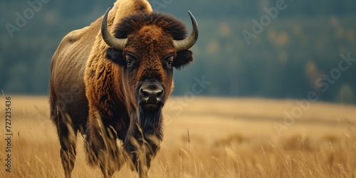 The European bison (Bison bonasus) grazes on the horizon in the wild. photo