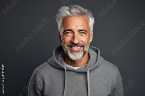 Confident mature man smiling in casual attire on grey background. Modern lifestyle and positivity.