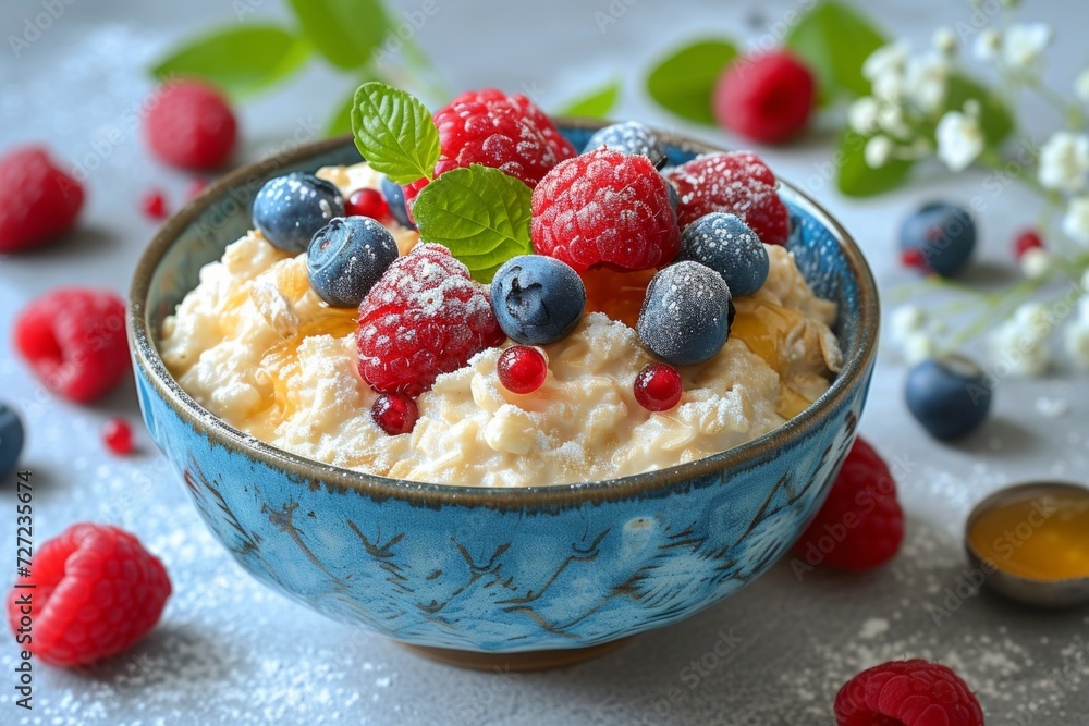 A bowl of creamy oatmeal adorned with fresh berries and a swirl of honey. A bowl of creamy oatmeal adorned with fresh berries and a swirl of honey.