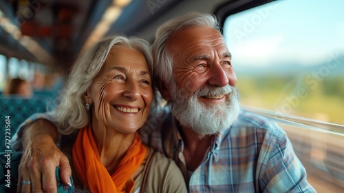 Happy senior couple having fun and enjoying their train trip, Stylish senior couple exiting train, journey, vacation, holidays