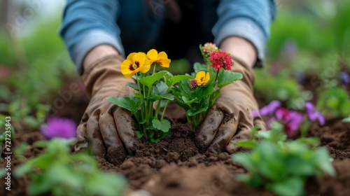 A gardener planting colorful flowers.