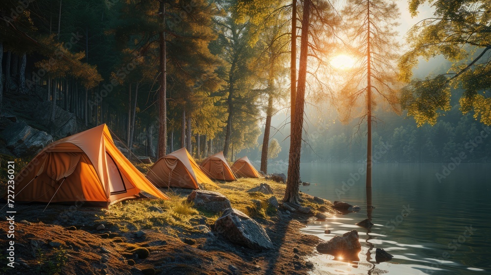 Tents at amazing camping site in the forest near the lake, scenic landscape during adventures on the lakes, Camping theme