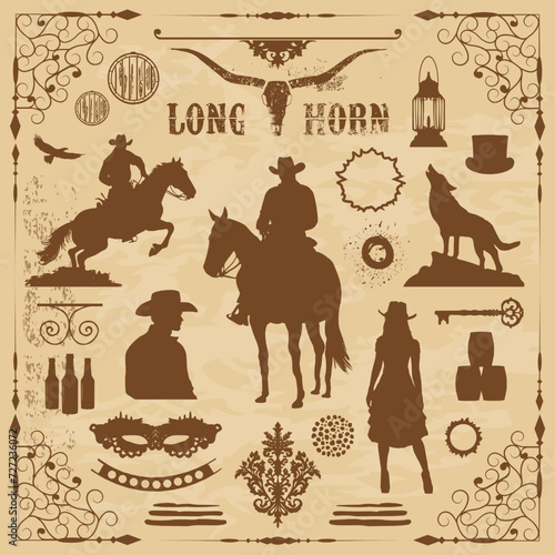 Vektor Set  2 - Silhouetten Design Elemente - Western Retro Cowboy - Wilder Westen Country Style USA	
