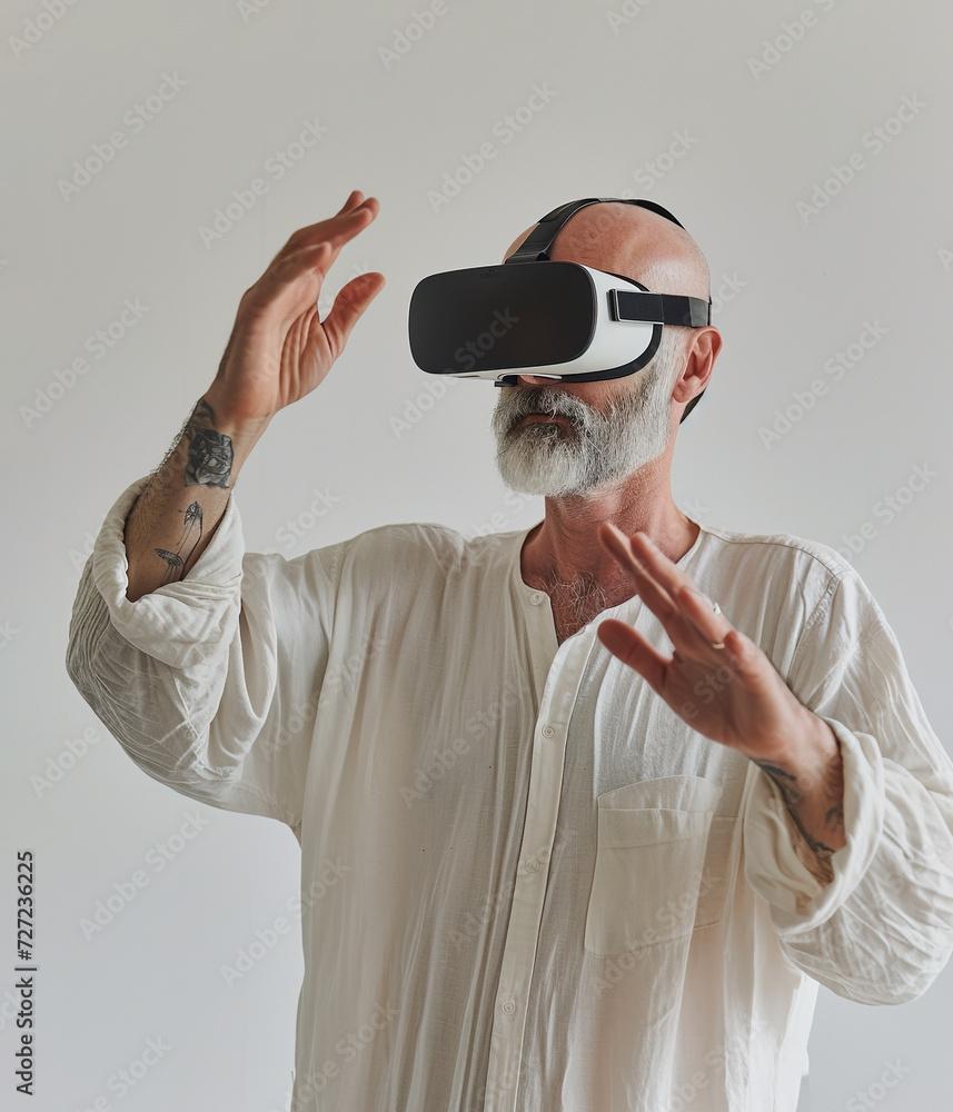 Senior man with virtual reality headset